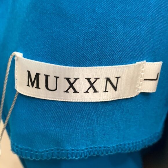 MUXXN Large Turquoise Blue  Asymmetrical Short Sleeve Midi Dress NEW SLIMMING - Picture 10 of 14